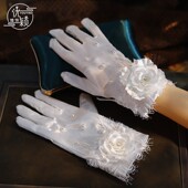 法式 白色短款 蕾丝山茶花手套新娘结婚婚纱礼服饰品写真跟妆配饰品