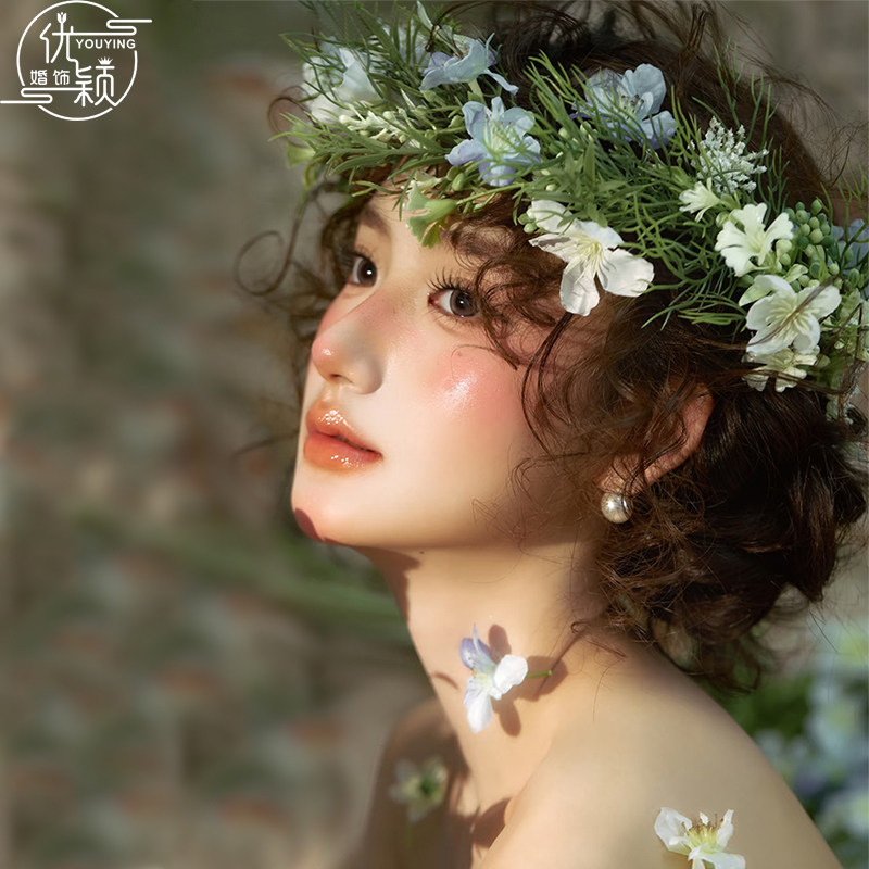 优颖新款森系白色头花花环仙美布艺手工发饰韩式婚礼主婚纱配饰