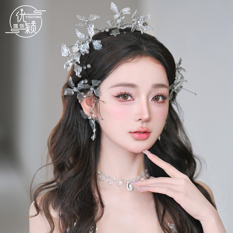 优颖新品手工冰透闪粉水凝蝴蝶发箍对夹套装发饰新娘头饰婚纱配饰