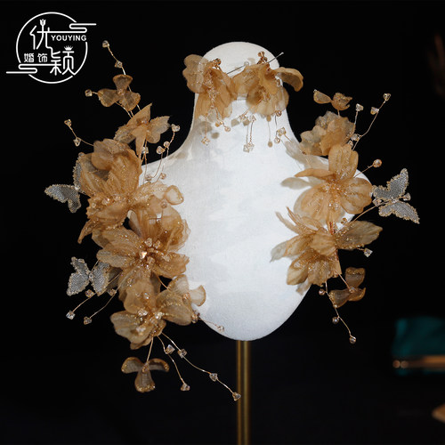 法式复古香槟色花朵蝴蝶发饰