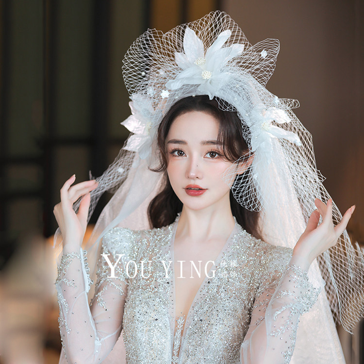 仙美氛围感大花朵蝴蝶结发夹头纱
