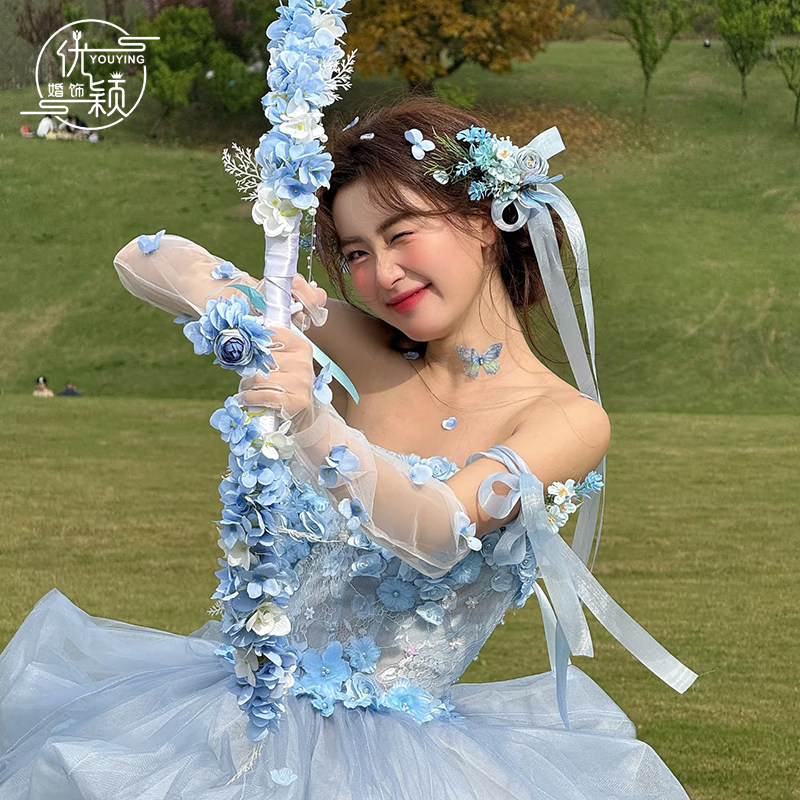 森系结婚蓝色花朵发夹头饰超仙新娘发带飘带婚纱礼服头纱跟妆配饰