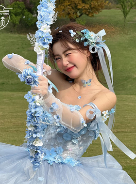 森系结婚蓝色花朵发夹头饰超仙新娘发带飘带婚纱礼服头纱跟妆配饰
