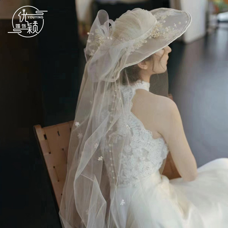 优颖原创个性新娘蕾丝铃兰花蝴蝶结网纱优雅大礼帽写真样片帽子