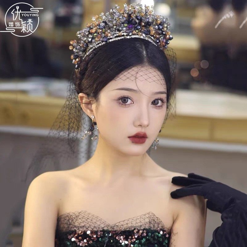 优颖新款新娘婚纱礼服轻奢黑色水晶皇冠气质高贵奢华公主生日皇冠