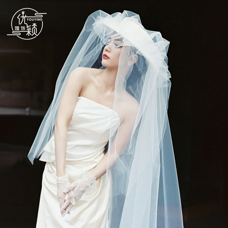 头纱帽子法式复古抓纱礼帽新娘结婚影楼拍照凹造型旅拍主婚纱头饰