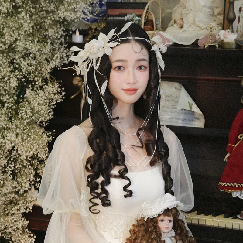 优颖原创香槟色柔亮布烫花头饰水晶发箍流苏新娘头花婚纱礼服发饰