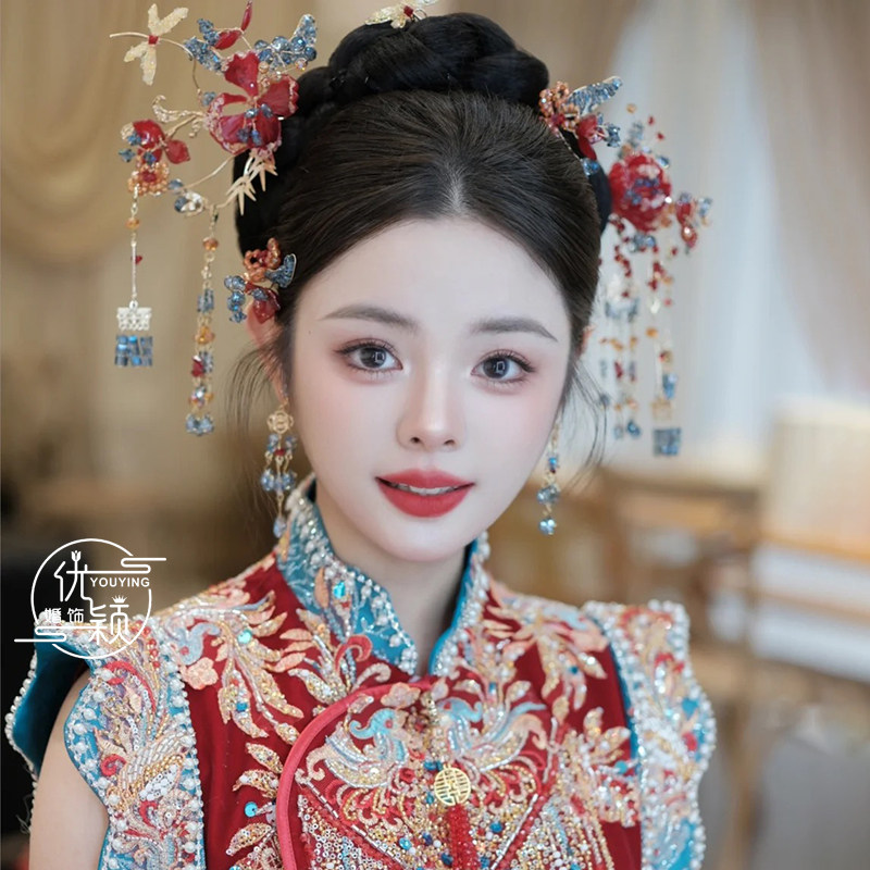 新款新娘中式头饰秀禾服龙凤褂红色发簪古风发饰汉服马面裙配饰品
