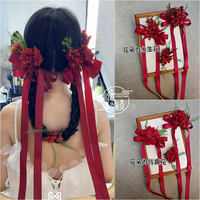 新娘結(jié)婚婚紗敬酒服頭飾結(jié)婚紅色仿真花蝴蝶結(jié)森系仙美邊夾高級(jí)感