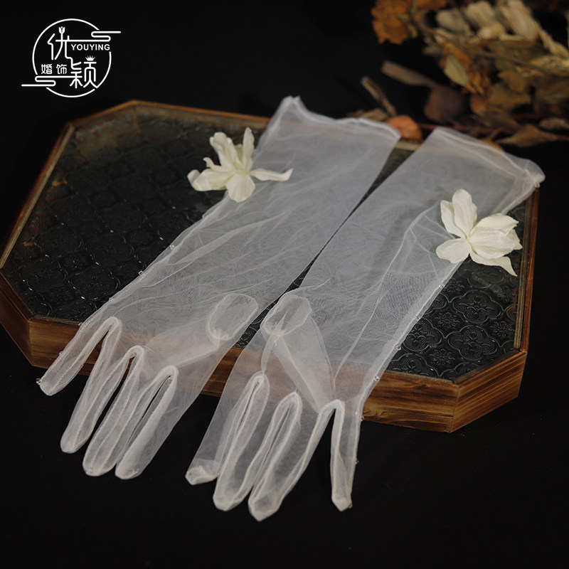 优颖手作水晶串珠薄纱手套新娘结婚森系婚纱礼服晨袍旅拍造型配饰