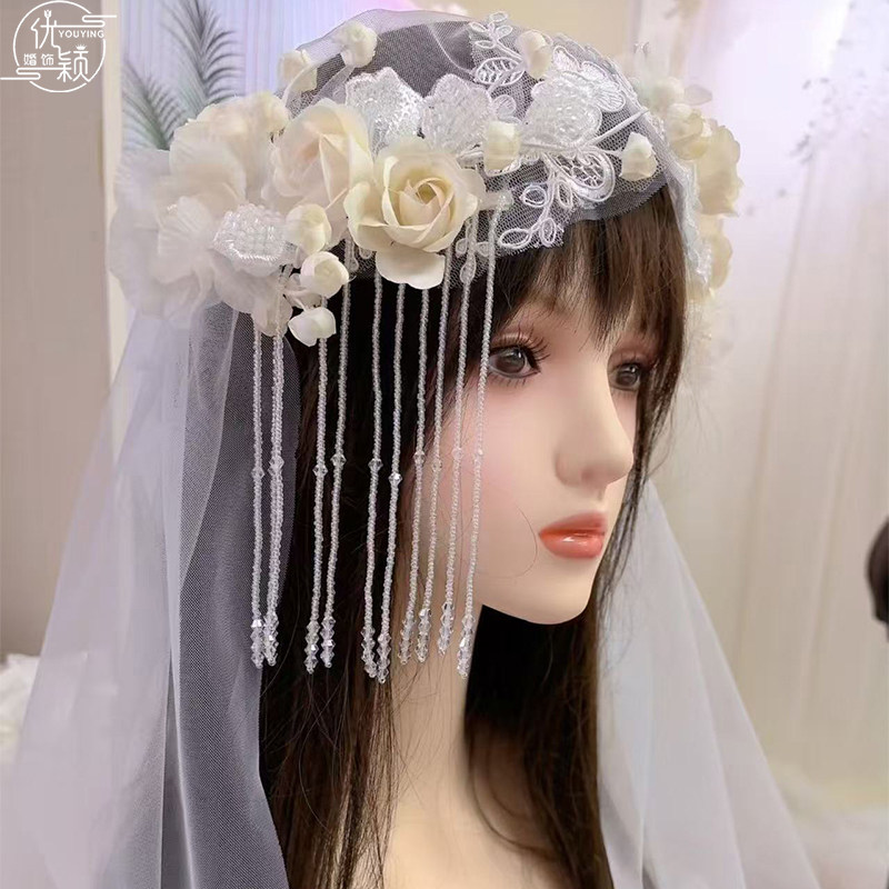优颖新款法式手工花朵串珠流苏新娘头纱高级婚纱配饰旅拍造型头纱