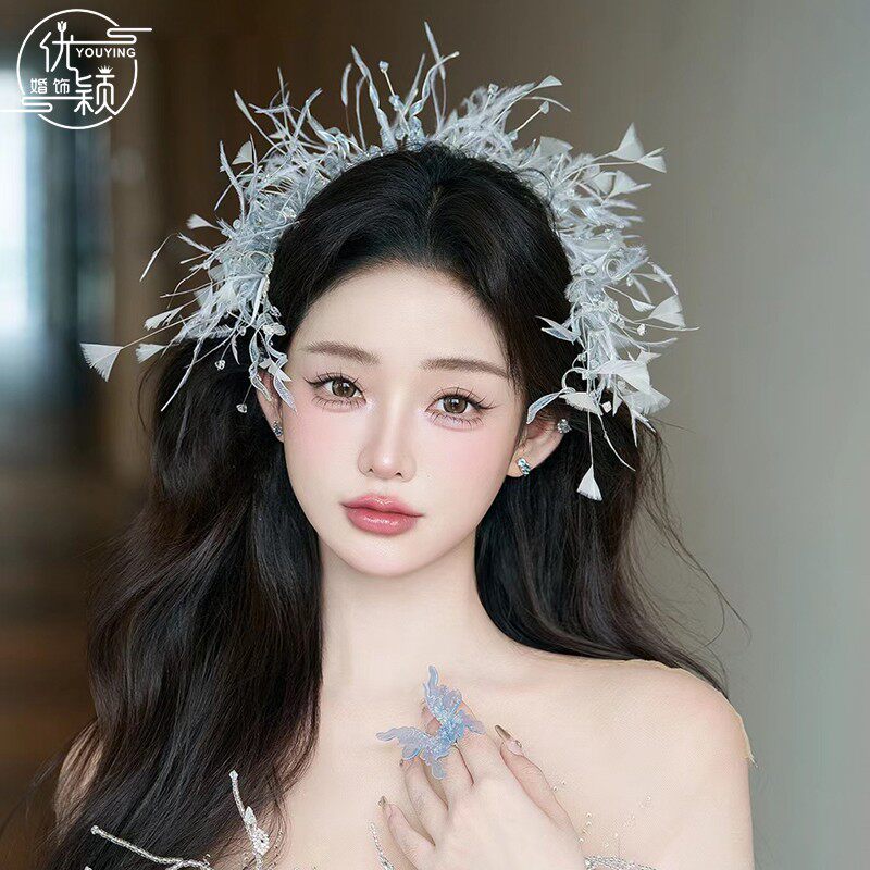 优颖新款白色梦幻羽毛发箍新娘盘发头饰婚纱饰品跟妆甜美写真发饰