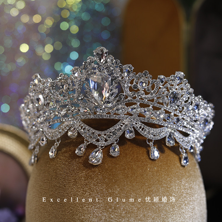 法式新款新娘韩式皇冠带额饰奢华眉心坠水钻新娘结婚头饰婚纱王冠