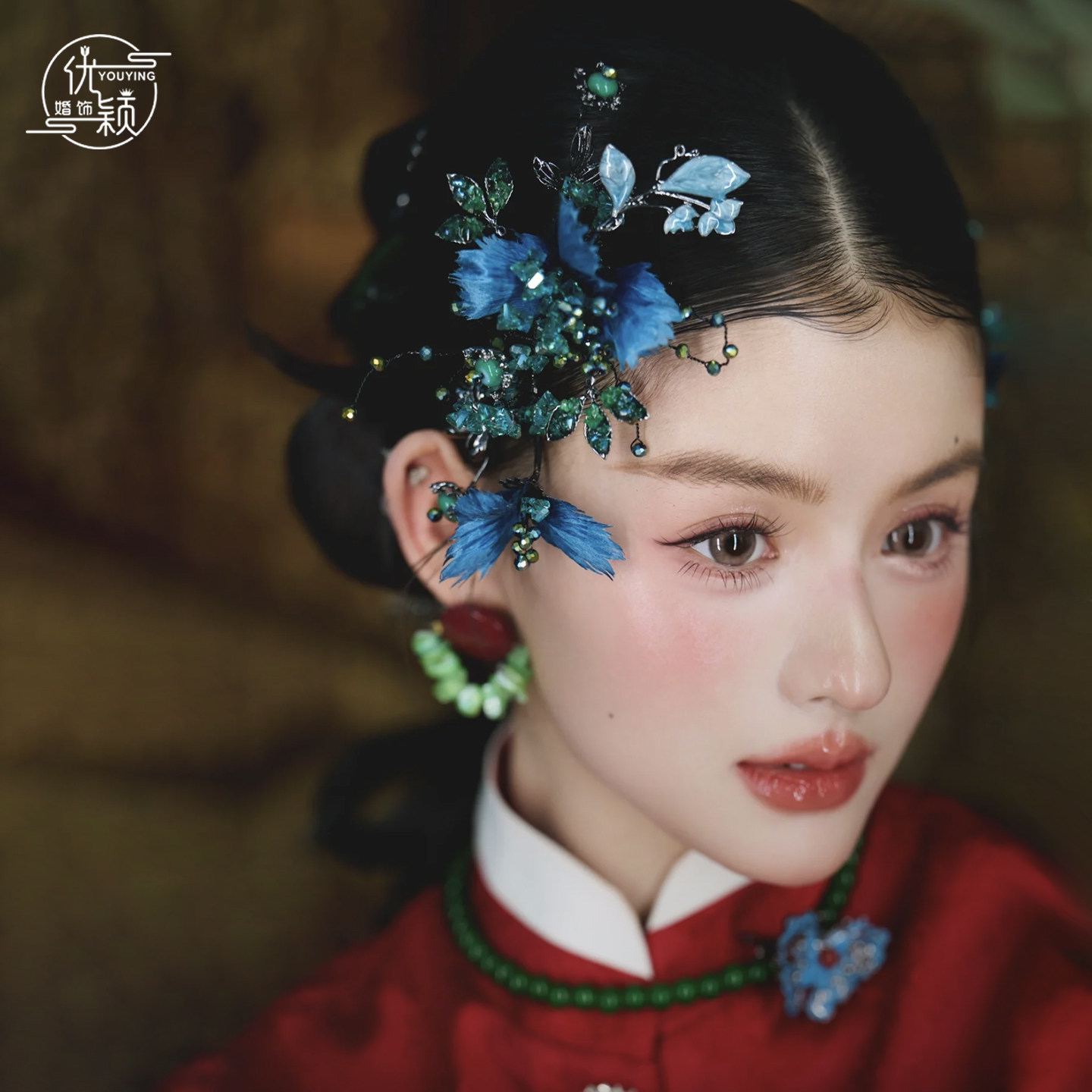 新中式复古新娘边夹蓝色高级感掐丝花朵对夹国风秀禾汉服精致头饰