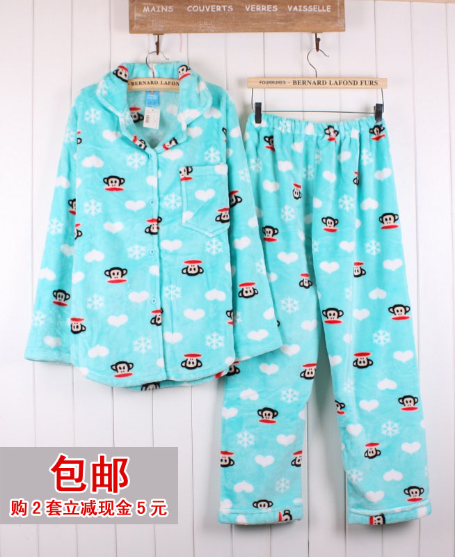 包邮~外贸情侣秋冬加厚法兰绒大嘴巴猴睡衣爱心家居服男女款 对襟