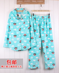 包邮~外贸情侣秋冬加厚法兰绒大嘴巴猴睡衣爱心家居服男女款 对襟