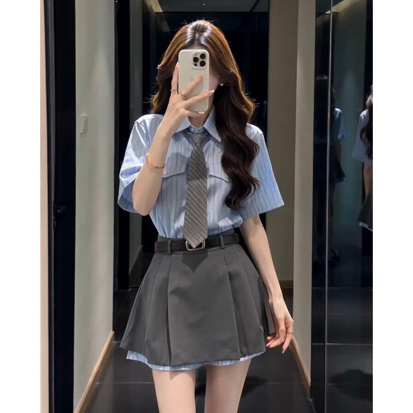 韩系学院风减龄连衣裙子夏季竖条纹短袖衬衫高腰灰色百褶短裙套装