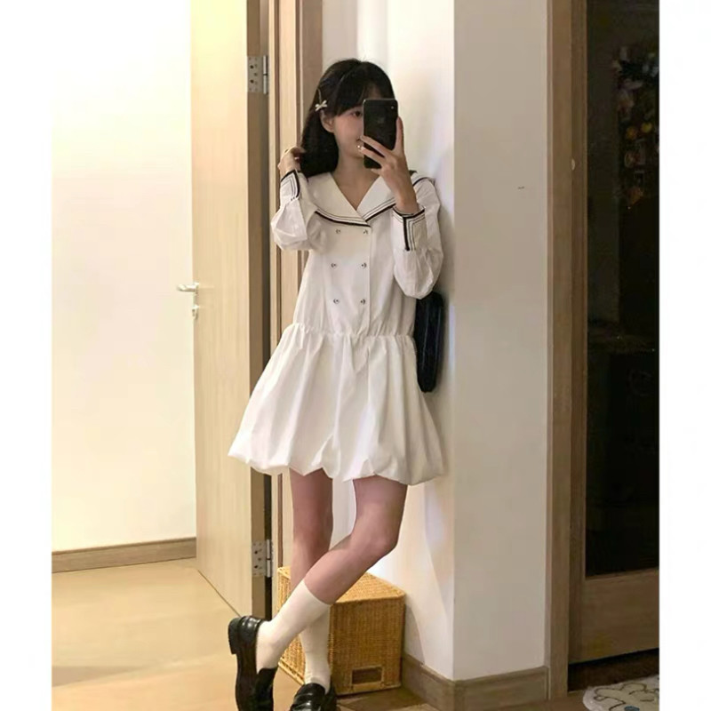韩系时尚设计感小众海军领拼接连衣裙女学生夏季收腰显瘦花苞裙子