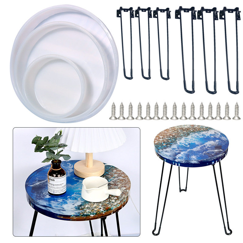diy水晶滴胶圆形河流桌硅胶模具大号加厚流沙桌餐盘带桌角支架