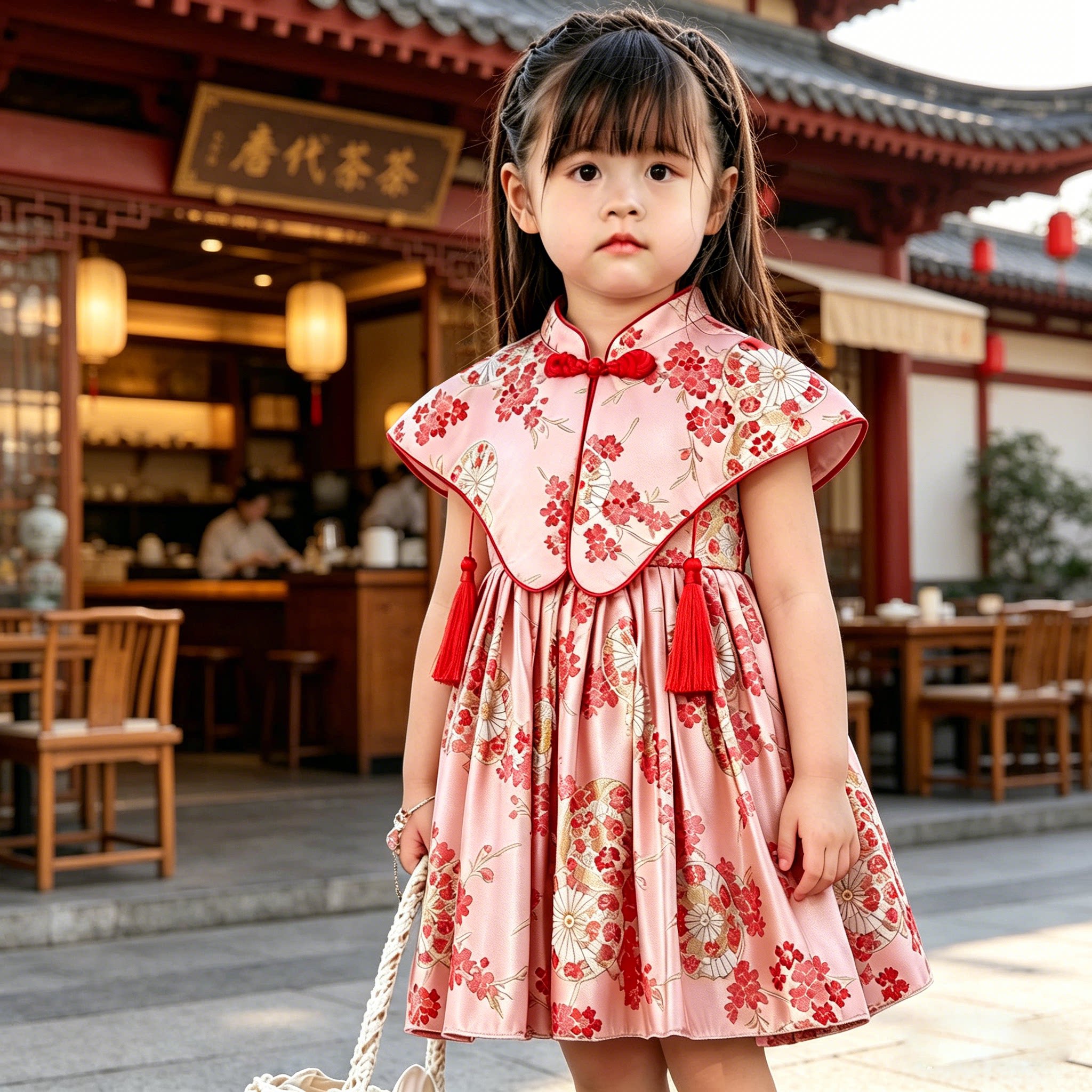 女童中国风旗袍连衣裙毕业拍照短袖披风收腰演出服六一表演公主裙