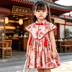 女童中国风旗袍连衣裙毕业拍照短袖披风收腰演出服六一表演公主裙