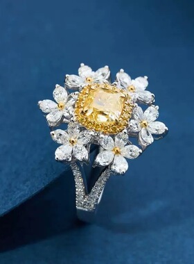 仿彩色黄钻六花莫桑钻石戒指