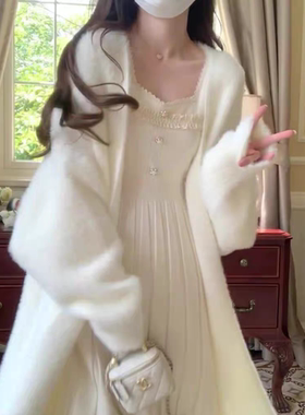 水貂绒外套白色温柔宽松水貂绒毛长款针织开衫秋冬中长款慵懒fufu