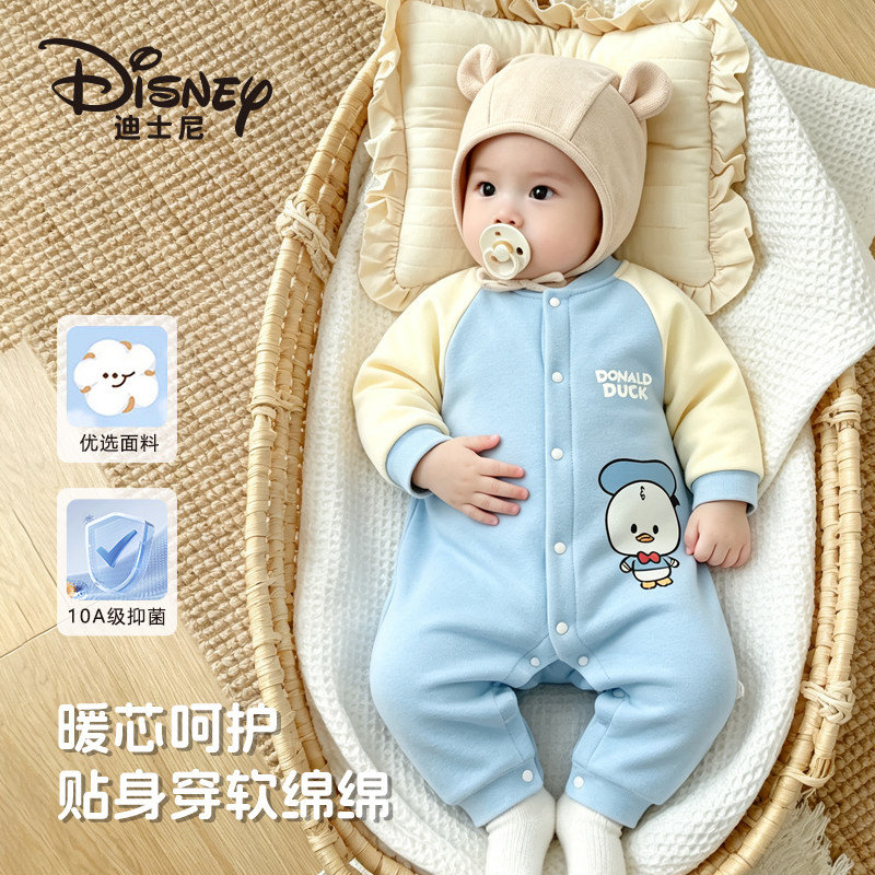 迪士尼婴幼儿加绒连体衣秋冬款外出保暖服宝宝满月爬服哈衣