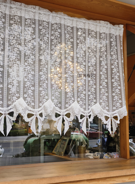 法式田园白色蕾丝纱帘幔帘头咖啡帘唯美免打孔魔术贴半帘门帘短帘
