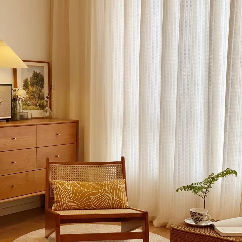 拾光日式原木风亚麻窗帘棉麻奶油色米白色纱帘透光不透人客厅卧室