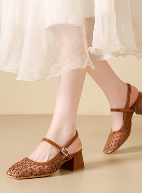 2026夏季复古包头凉鞋女镂空网纱一字带粗跟高跟鞋后空搭扣单鞋女