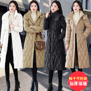 2025新款冬季长款棉服女收腰显瘦白色过膝女士棉衣可拆卸袖子外套