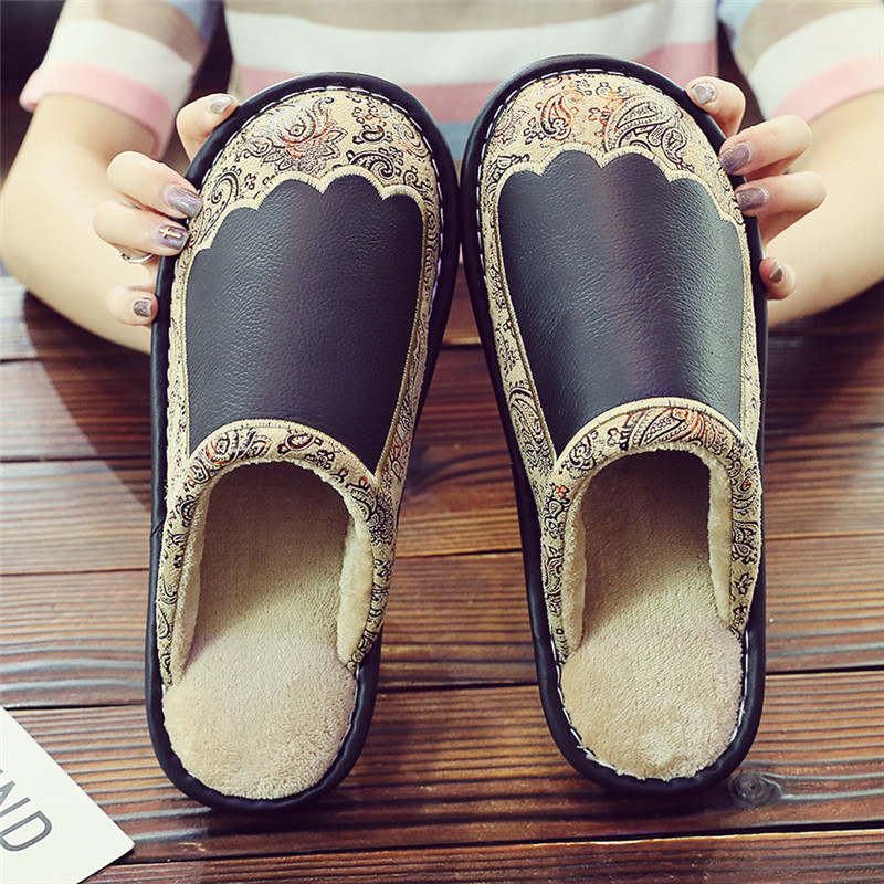 居家牛皮拖鞋冬季男女情侣家居保暖防水防滑室内真皮面棉拖鞋家用