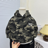 男童秋冬加绒卫衣2025新款 儿童春秋连帽上衣 迷彩纯棉一体绒套头衫