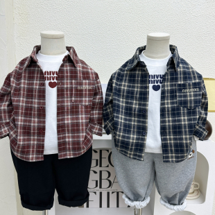 男童春装长袖衬衫2025新款儿童洋气时髦格子薄款衬衣男孩春秋上衣