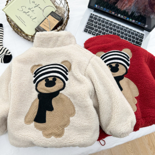 男童冬季加绒加厚毛毛衣2025新款女童红色保暖外套小童羊羔绒上衣