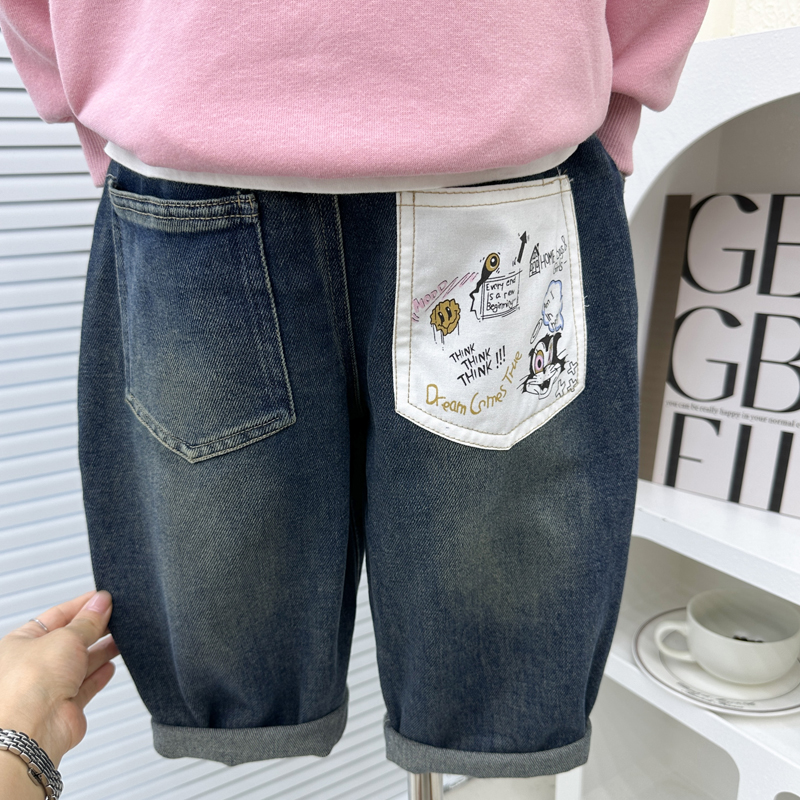 儿童秋装裤子2025新款男童韩版宽松潮酷柔软牛仔裤春秋痞帅哈伦裤