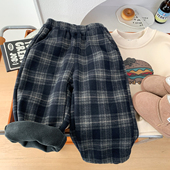 宽松保暖长裤 男童冬装 儿童直筒格子裤 中小童韩版 加绒裤 子2025新款