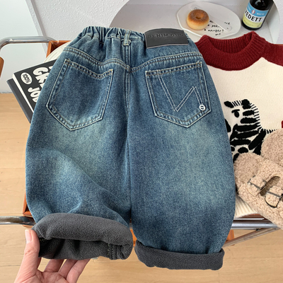 男童秋冬一体加绒简约直筒牛仔裤