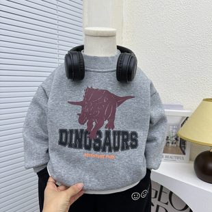 男童秋冬加绒卫衣2025新款儿童卡通半高领一体绒打底衫薄绒上衣潮