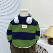 时髦圆领上衣 儿童柔软打底针织衫 男童条纹贴标毛衣秋冬装 2024新款