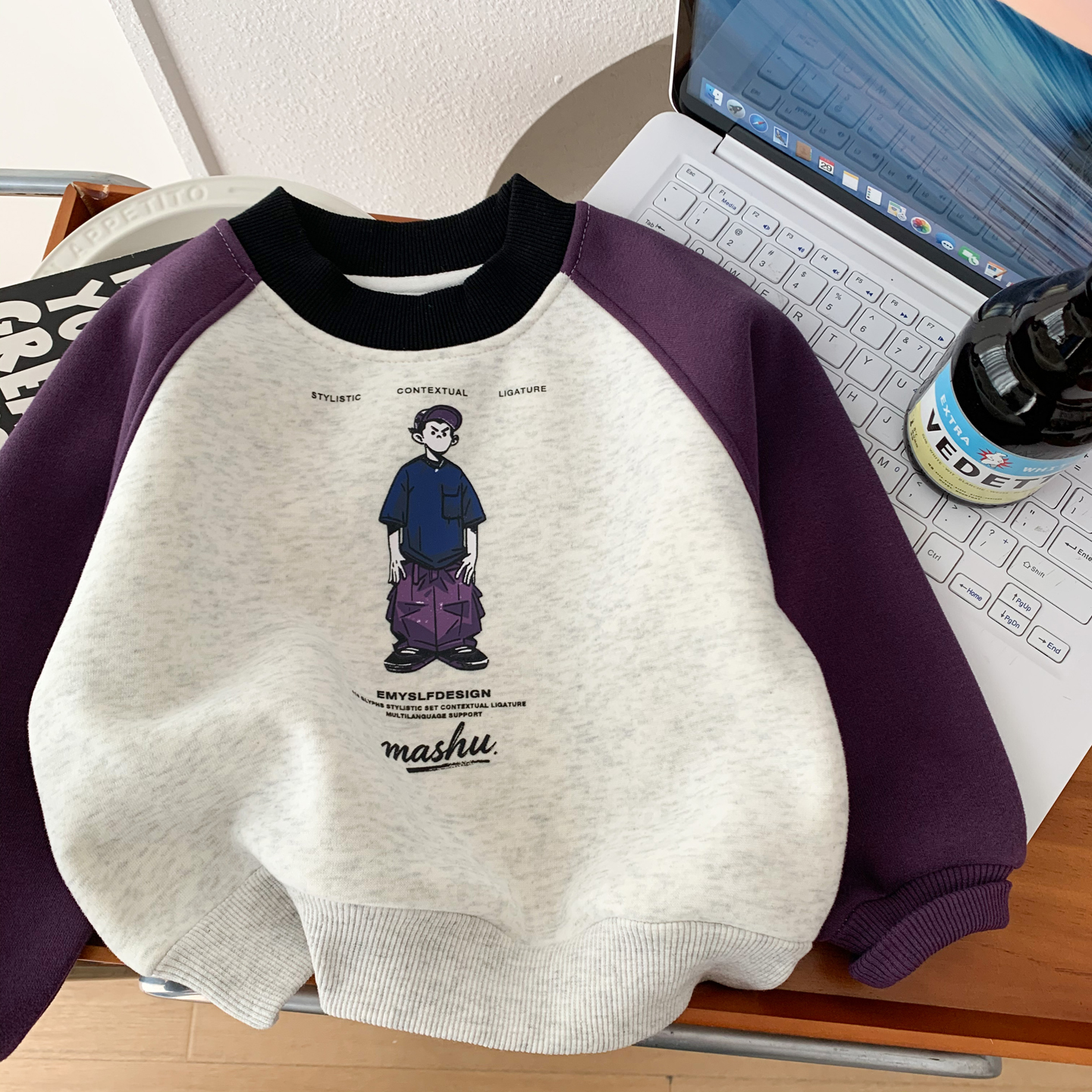 男童秋冬款薄绒插肩袖加绒卫衣