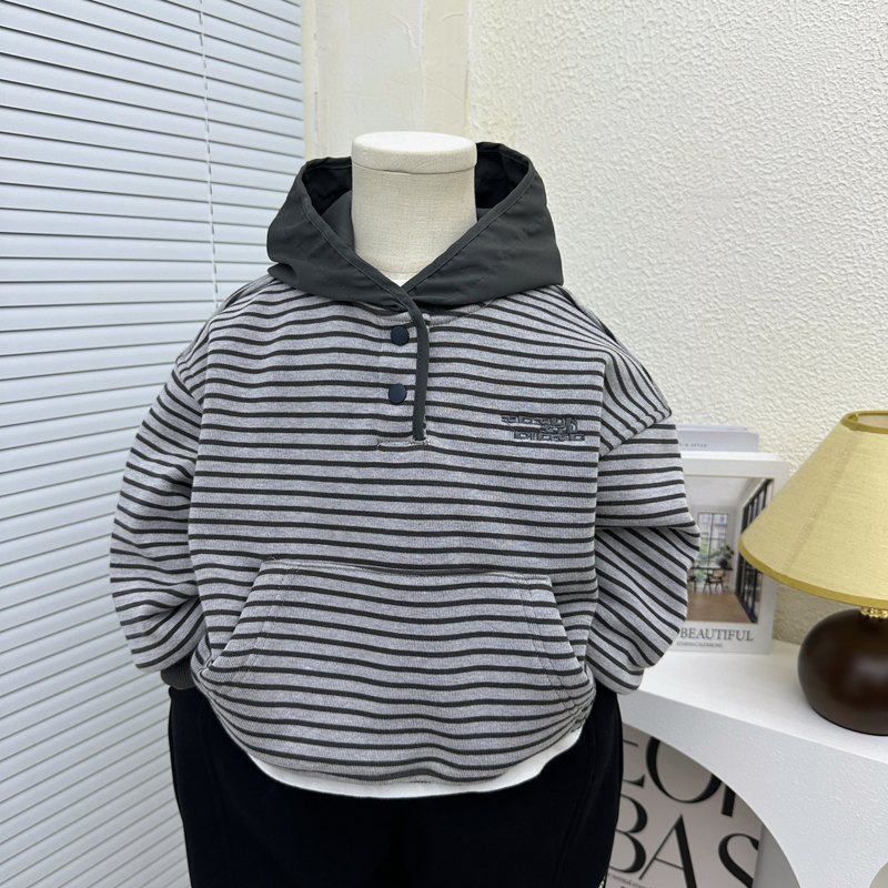 中小童秋冬韩版条纹加绒连帽卫衣