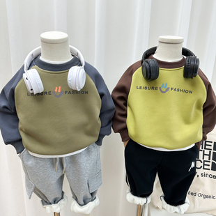 男童秋冬加绒卫衣2025新款儿童休闲一体绒套头衫男孩冬季薄绒上衣
