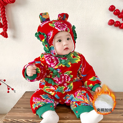 婴儿东北大花棉袄夹棉加绒加厚连体衣爬服男女宝宝哈衣冬季拜年服