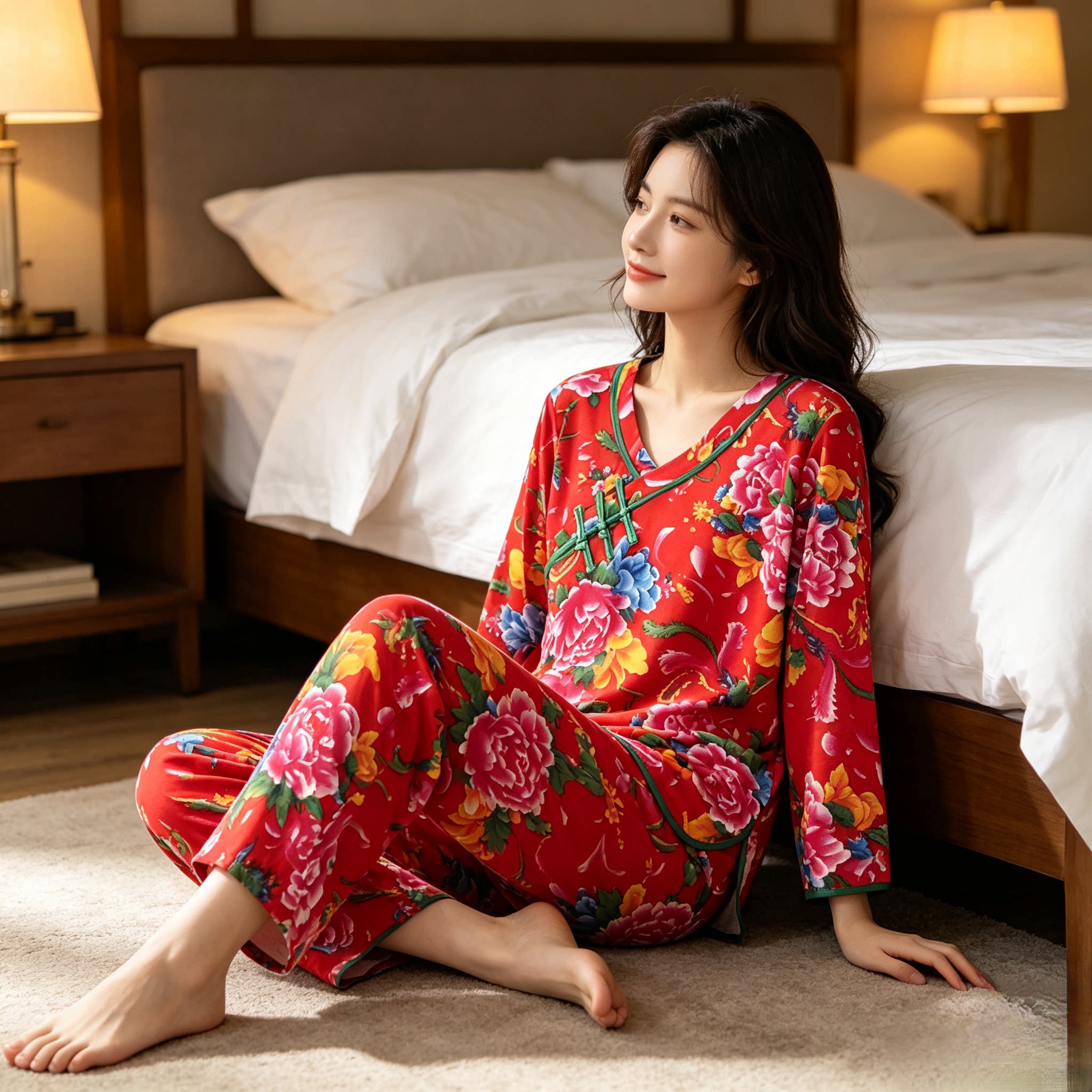 东北大花睡衣德绒春秋套装女民族特色盘扣大码家居服两件套可外穿