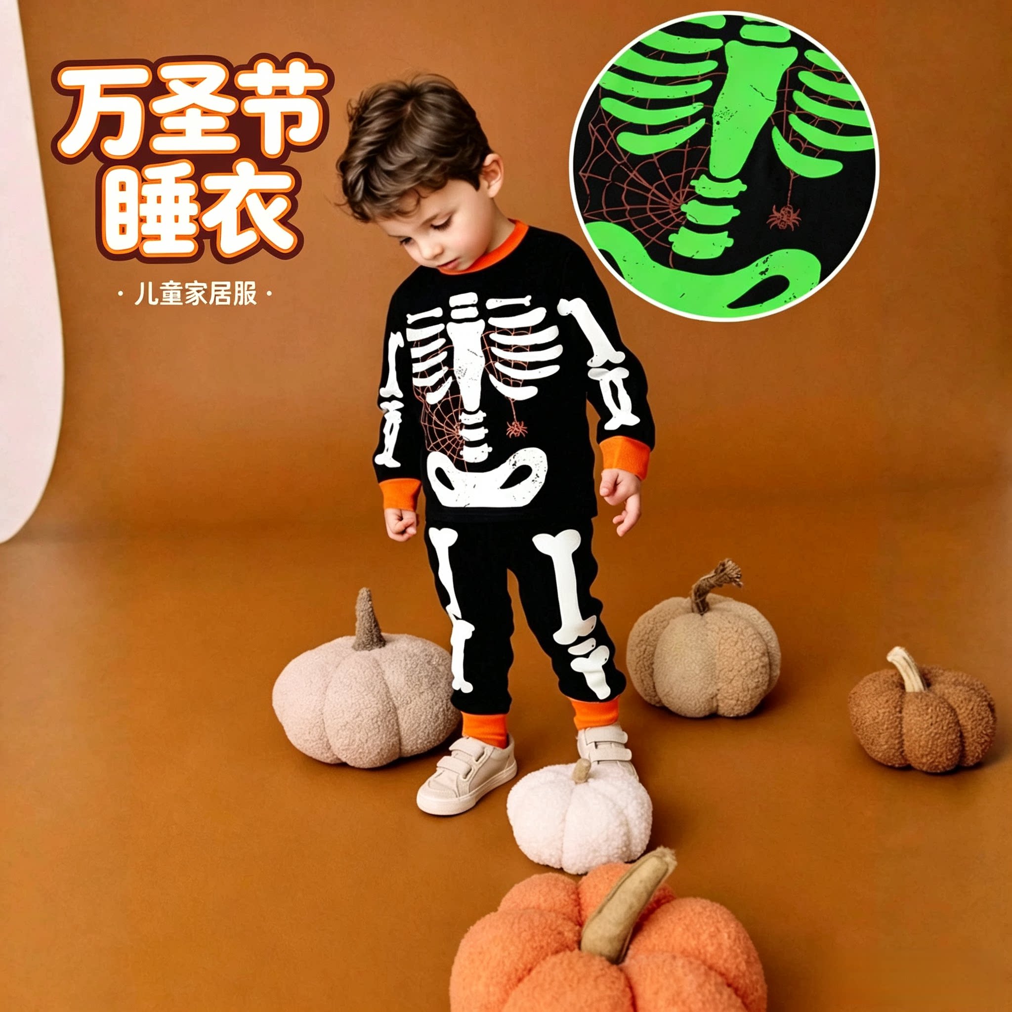 万圣节儿童睡衣套装男童宝宝搞怪衣服小童夜光骷髅睡衣家居服可爱