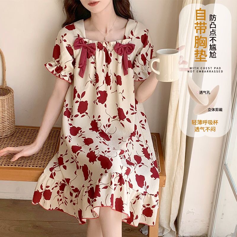 女孩睡衣初中生少女风带胸垫睡裙夏季韩系宽松可外穿夏天家居服