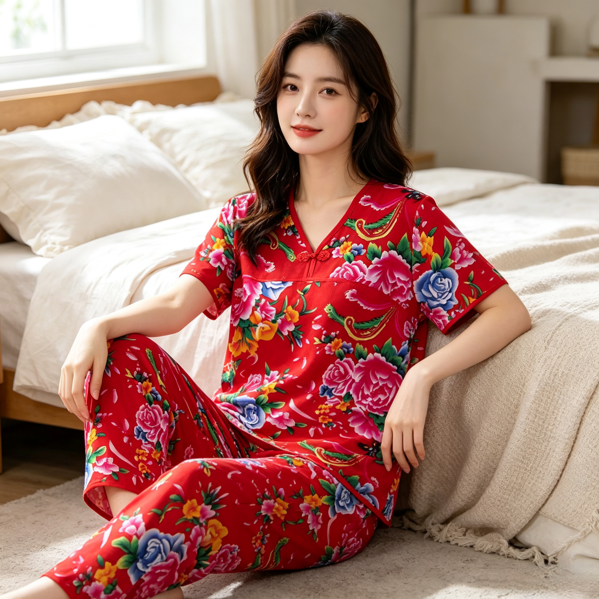 东北大花女装时尚短袖睡衣套装棉绸家居服女款夏季绵绸薄款透气