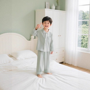 立领纯棉睡衣男款四季通用a类纱布男女童长袖家居服套装鼻炎专用